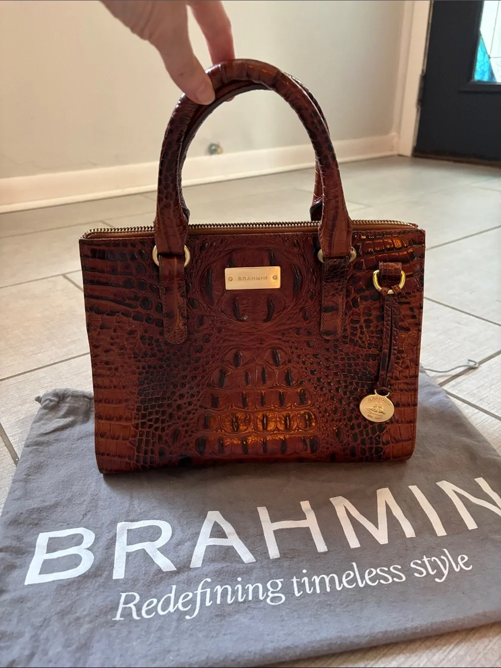 Brahmin Croc-Embossed Satchel in Pecan/Brown with Gold Hardware